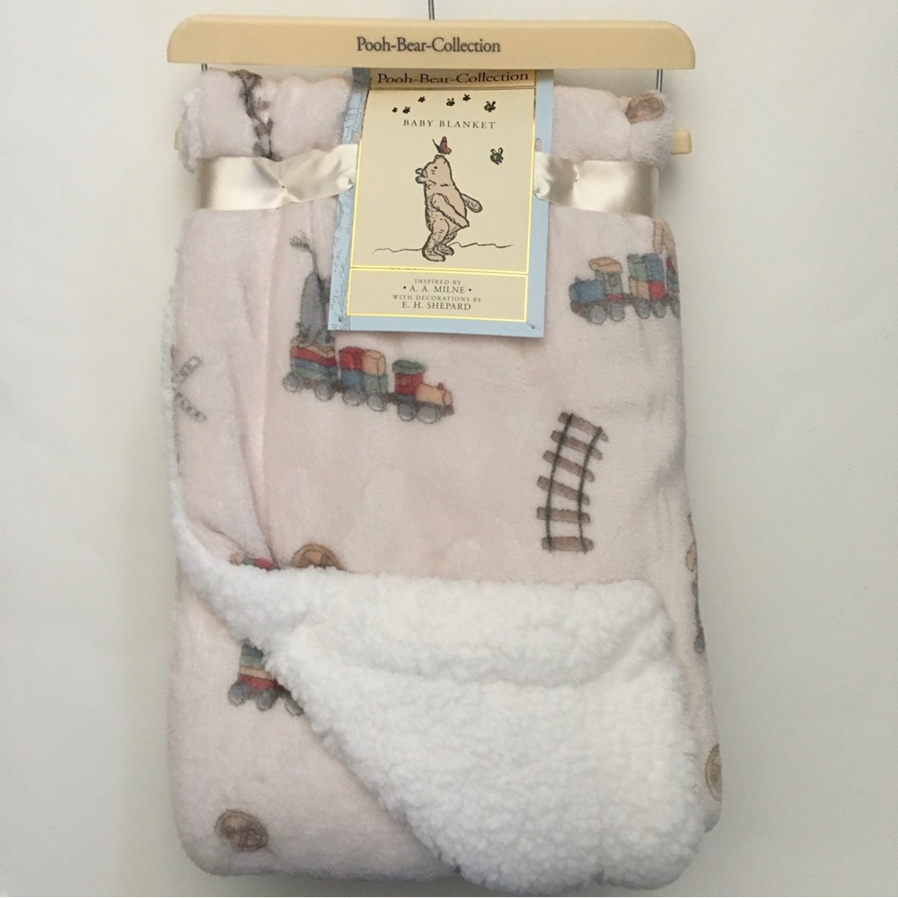 NEW Baby Blanket Sherpa Back Winnie the Pooh Train Theme | Pooh Bear Collection